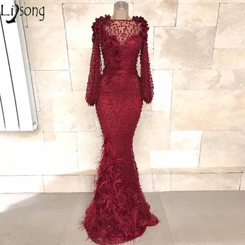 Moda Abendkleider pun bisera večernja haljina sirena tamnocrvena dugi rukav Prom haljina pero aplicirano večernje haljine i ogrtači za kupanje de