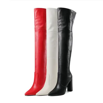 QUTAA 2021 kvadratnom visoku petu čizme iznad koljena Oštar čarapa munja Ženska obuća jesen zima umjetna koža duge čizme veličina 34-43