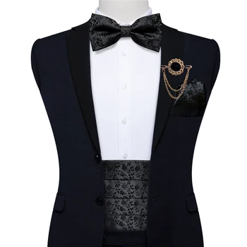 Crna cvjetni svila vjenčanje gospodo Cummerbunds kravata broš skup smoking formalni širok pojas svečanoj zona elastičan pojas DiBanGu