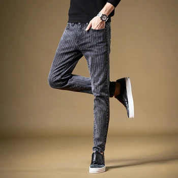 Besplatna dostava 2019 nove muške muška traper hlače traperice siva prugasta plima brand korejski tanak trend svakodnevne jesen hlače