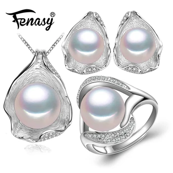 FENASY slatkovodni biseri nakit srebra 925 setovi nakita za žene Shell dizajn Češka stranke ogrlica i naušnice, prstenje