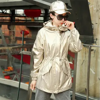 2021 novi hip-hop stilu Ženska jakna za jesen sjaj srebro moda jakna s kapuljačom kaput dame podesiv struk vodootporan kaput 194