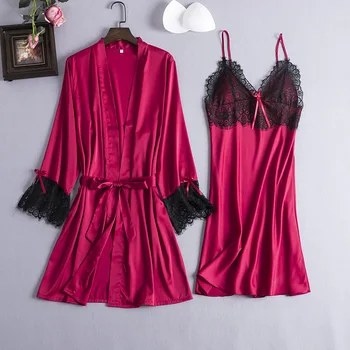Fiklyc underwear lace & satin patchwork women ' s sexy robe & gown two sets-pieces ladies nightwear pidžama seta sa V-izrez HOT