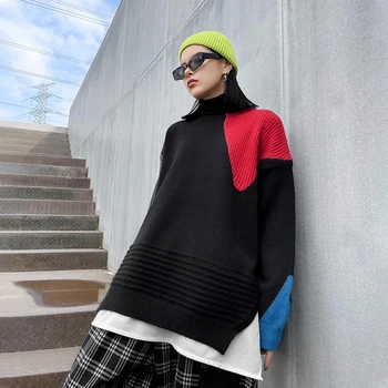 [EAM] crni veliki veličina džemper pletenje slobodan покрой O-izrez dugi rukav ženski puloveri nova moda jesen zima 2021 1DD4033