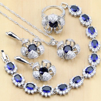 Cvijet obliku 925 sterling srebra vjenčanje nakit setovi plavi Cirkon Bijela CZ za žene naušnice/privjesak/ring/narukvice/ogrlica
