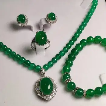 Prirodni Vintage 8 mm zeleni žad dragulj zrna ogrlice narukvice naušnice set