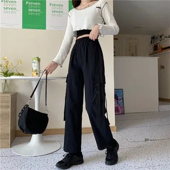 Hlače-teretni Harajuku ženske trake korejski stil visokim Strukom 4XL slobodan džepove poligon odjeća cool djevojke Bf vintage ulični šik odjeću