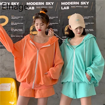 Korejski 2020 Nova ljetna moda svakodnevni munja čvrste dugi rukav čipke s kapuljačom, džemper i kaput tanak tri dijela kostim Žene 5B364