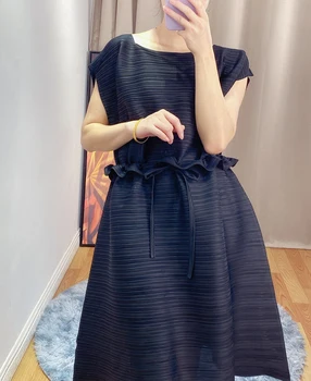 2020 summer PP series loose thin Women ' s dress Miyak fold Fashion plus size slim drawstring mid-length A-line dress