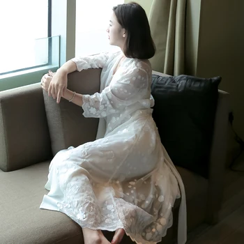 Moda Žene Duge Svilene Haljine Bijeli Vez Pidžama Princeza, Noćne Košulje, Pidžame Od Dva Dijela Ogrtač Kit Pidžama