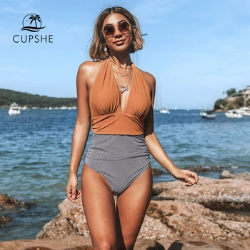 CUPSHE Keeping You Accompained Stripe One-piece kupaći kostim je V izrez Backless Halter Seksi Bikini 2021 Ladies Beach Bathing Swimwear