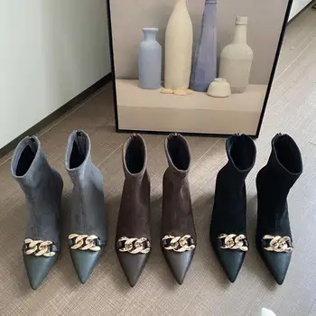 Stada, Postao Mondeno Ženske Čizme Oštar Dizajn Čarapa Metalni Ukras Mekana Koža Visoke Kvalitete Kratke Čizme Stražnji Zatvarač Tanke Srednje Štikle
