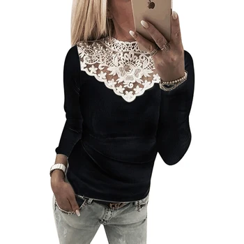 2018 Ženska moda čipke majica O-izrez visoka elastičnost casual majica Ženska s dugim rukavima tanak S-XL 3 boje