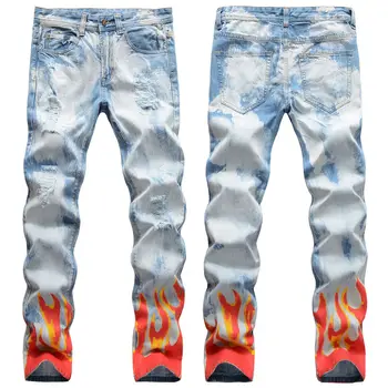 Nove muške muške hlače ulične svijetle rupe plamen digitalni grafiti print traperice hip-hop tanke ravne traperice traper hlače