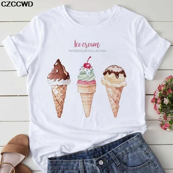 Plus Size Summer Slatka Paležom Ice Cream Print Vogue Women T-shirt Harajuku Casual Zabava T-Shirt Gift For Lady Yong Girl Tops Tees