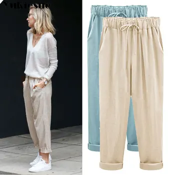 Pamuk posteljinu ženske sportske hlače žene 2019 ljetne hlače svakodnevni pr hlače nalik na Visok Struk tanak radne hlače plus size 5XL hlače