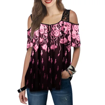 Plus veličina 2XL s ramena žene vrhovima ljeto Seksi čipke šarenilo remen casual Majica kratkih rukava besplatne majice Ženska odjeća