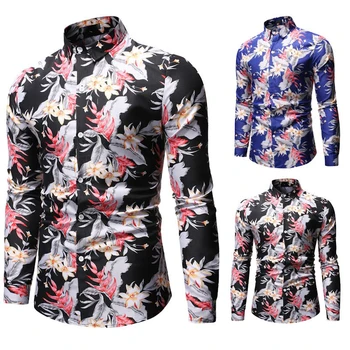2019 New men ' s Long Sleeve Flower Printed Shirt Male Slim fit Floral Print Shirt Men Casual Basic Tops Shirts 8 boja M-3XL