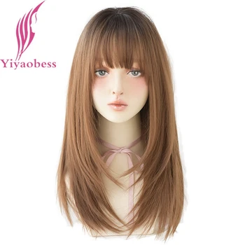 Yiyaobess 22inch sintetičkih duge ravne perika s šiške svijetlo smeđa Ombre prirodne kose perika za žene otporna na toplinu