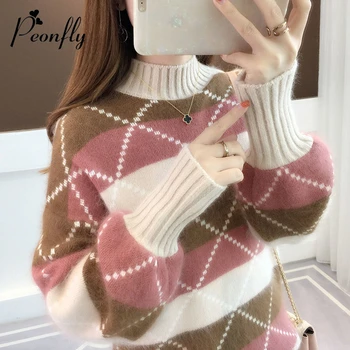 PEONFLY 2019 jesen zima Novi Argyle puloveri veste žene elegantna mekana pletene džemper dugih rukava ženski džemper