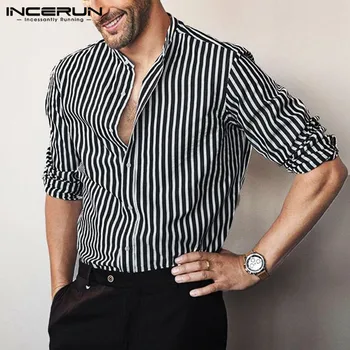 Dugi rukav štand ovratnik košulje INCERUN moda prugasta Muške košulje osoba stilski gumb poslovni brand Camisa Masculina 5XL
