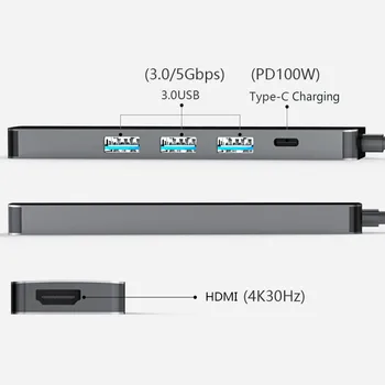 5 u 1 USB C hub, USB 3.1 Type-C adapter 4K HDMI, 100 W PD, 3 USB 3.0 5 Gbit / s za MacBook Air 2020, HP Spectre, Huawei P30 P30 Pro