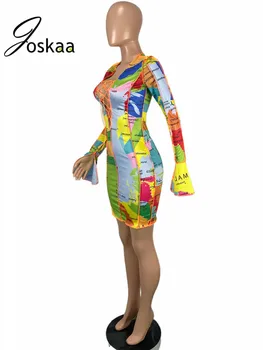 Joskaa Bodycon Dress Women Map Print Bandage Hollow Irrigular Flared Sleeve Dresses for Women 2020 Party elegantne haljine корсетные