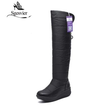 SGESVIER Over-the-u koljena Women Snow Čizme zimske vodootporne duge čizme svemirski pamuk toplo pliš debela peta crna ženska obuća OX127