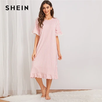 SHEIN Pink Plavobijelog Contrast Lace Trim Night Dress Women Nightwear 2019 jesen kratkih rukava Casual Ladies Ruffle Hem pidžama