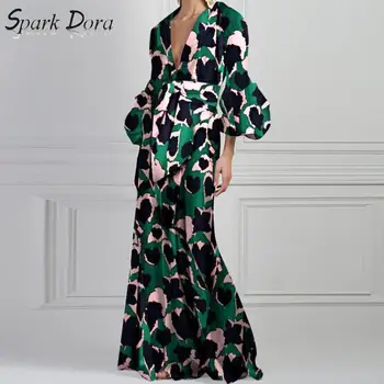 SparkDora Vintage cvjetni tiskani Boho Maxi Woman Dress fenjer rukava, V izrez plaža haljine Party Dress to the Floor Vestido