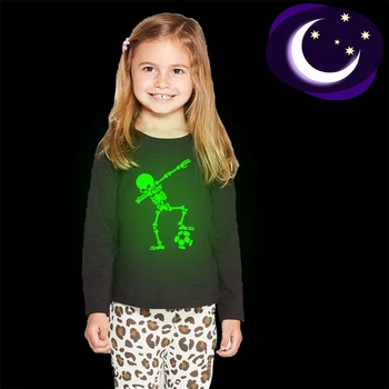 Dabbing Skele Skull Football Print Kids Luminous T-shirt Toddler Boys Girls Long Sleeve Glow In Dark Tshirt Fashion Children Tee