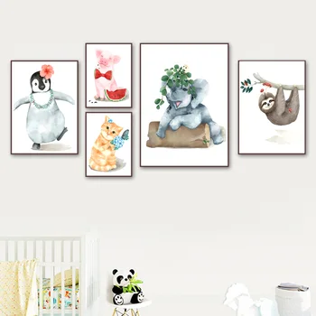 Slon Lijenost Pingvin Svinja Vidra Dječje Zidno Slikarstvo Na Platnu Slikarstvo Skandinavski Plakata I Grafika Zidne Slike Za Bebe Kids Room Decor