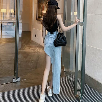 Ljetni asimetrične duge traper suknje, ženske visokim Strukom Split seksi traper suknje plus size korejski ženska suknja jupe femme