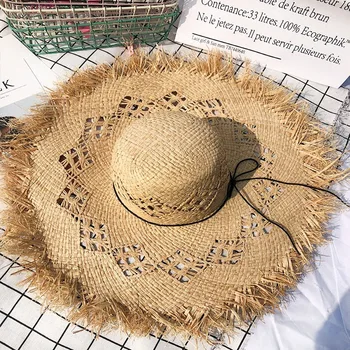 Prirodna velike широкополая Rafija slamnati šešir tkani krug rese plaža kapa ljeto выдалбливают veliki slamnati šešir plaža slama šešir-šešir