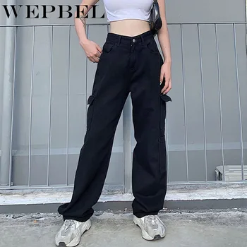 WEPBEL svakodnevni visokim Strukom Slim Fit izravne traper hlače Ženske ljetne traper hlače s džep