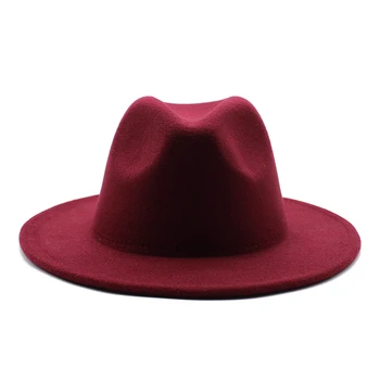 Jednostavan izgled bordo-crvena i crveni vuneni filc Jazz osjetio kape s finim kopča remena Muškarci Žene širokim poljima panama šešir 56-60 cm