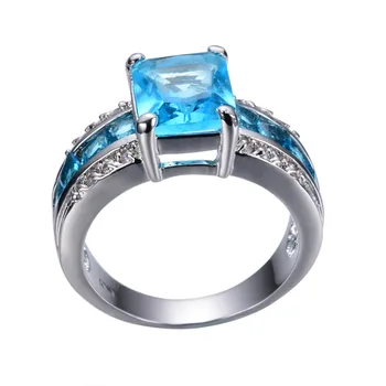 JUNXIN Crystal geometrijski svijetlo plavi prsten berba vjenčano prstenje za žene bijelo zlato punjeni modni nakit pokloni