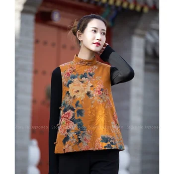 Žene Tradicionalni Kineski Stil Prsluk Moda Istočna Odjeća Klasicni Ispis Qipao Vrhovima Elegantan Prsluk Bez Rukava Kaput Hanfu