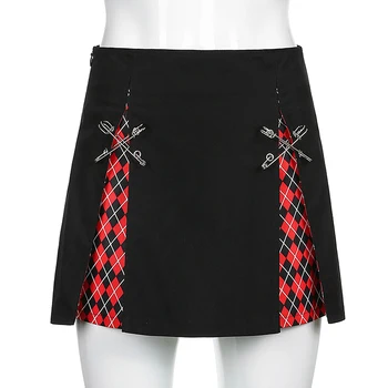 Pokrivač ispis, A-line gotički suknje žene Mall Goth Y2k crna visokim Strukom Egirl Seksi mini-suknja Pin patchwork grunge emo club odijevanje