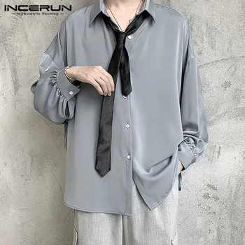 Čovjek moda gumb free Camisa korejski stil košulja INCERUN muškarci slobodno vrijeme jednobojnu majicu dugih rukava rever košulje sa kravatom 5XL