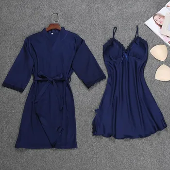 Twinset Robe Suit Seksi Žene Rayon 2 kom. pidžama V-neck, spavaćica i ogrtač Sleep Set cvjetne čipke završiti svakodnevni slobodni kimono kada haljina