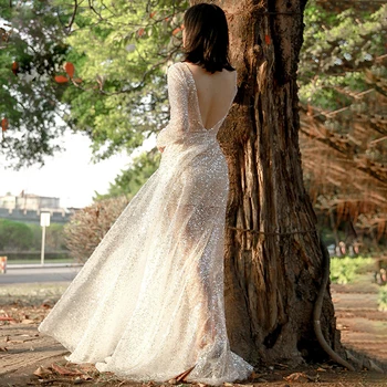 Seksi Illusion A-line Sequin Prom Dress Floor Length 2021 New Photography Long Sleeves V-izrez Evening Dress vestidos de fiesta