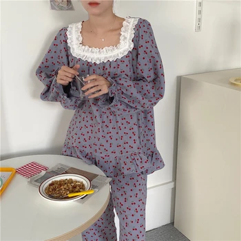 Ženska moda Višnje print pidžama pamuk posteljinu uzburkati pidžama jesen bluza+hlače 2 komada pulover svakodnevni kućna odjeća S1048