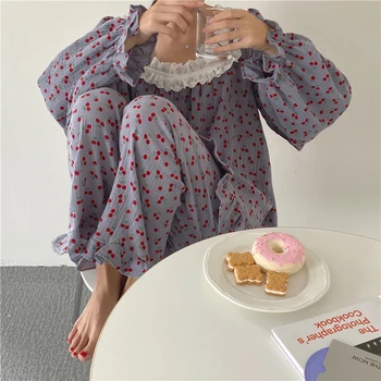 Ženska moda Višnje print pidžama pamuk posteljinu uzburkati pidžama jesen bluza+hlače 2 komada pulover svakodnevni kućna odjeća S1048