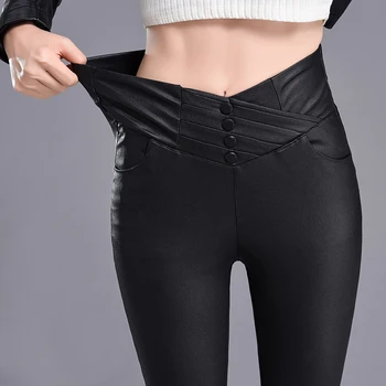 Ženske hlače od umjetne kože s visokim strukom elastične uske hlače seksi tanke ženske uske kožne zimske hlače novi plus baršun 182J