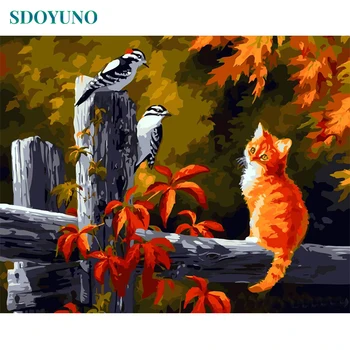 SDOYUNO Frame Cat And Birds DIY Painting By Numbers životinje akrilna boja na platnu moderna zid umjetnost boja po brojevima za dom