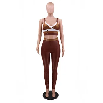 Bonnie Forest Hot Sleeveless Patchwork Leather Tracksuit Set Two-Piece Susret Vama.na Womens Straps Crop Top And Matching Pant Set Club Nosi