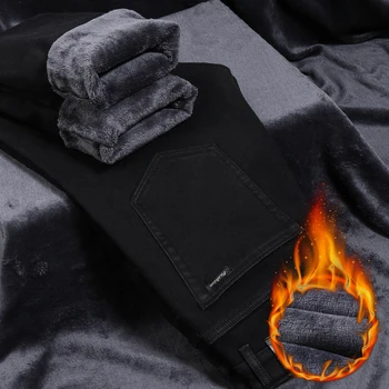 2019 zima nove muške tople crne traperice klasični stil poslovne moda Slim Fit protežu traper hlače muške brand debele hlače