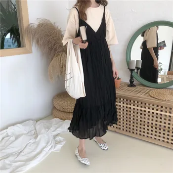 Qooth 2020 ženski, korejska, japanska moda Harujuku Kawaii špageti remen labav haljine V-izrez svakodnevno maxi haljina Vestidos QT004