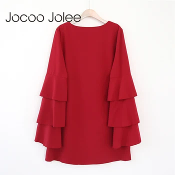 Jocoo Jolee 2018 New Loose Cascading Ruffles Sleeves Dress for Women V-izrez izravan haljina zima i proljeće svakodnevno haljina Crvena